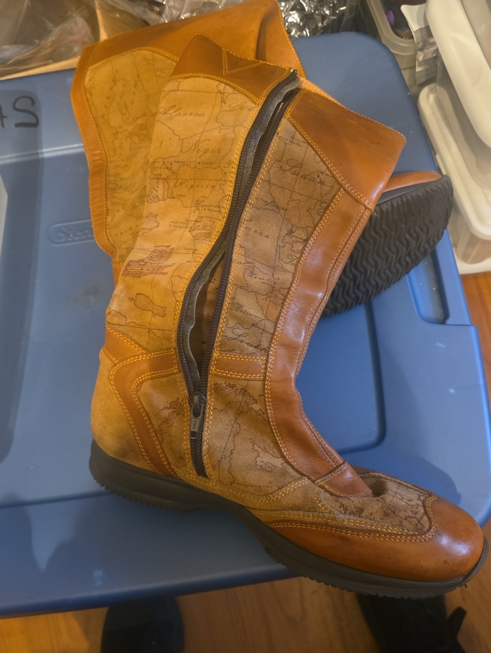 Alviero Martini Tan Brown Map-Print Leather Ankle Boots